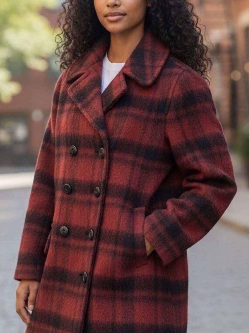 0232 Coach Red and Black Plaid Double-Breasted Pea Coat